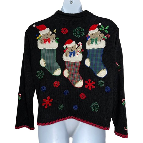 Design Studios Original Vintage Colorful Cute Bears Stockings Cardigan Sweater L - Picture 6 of 9